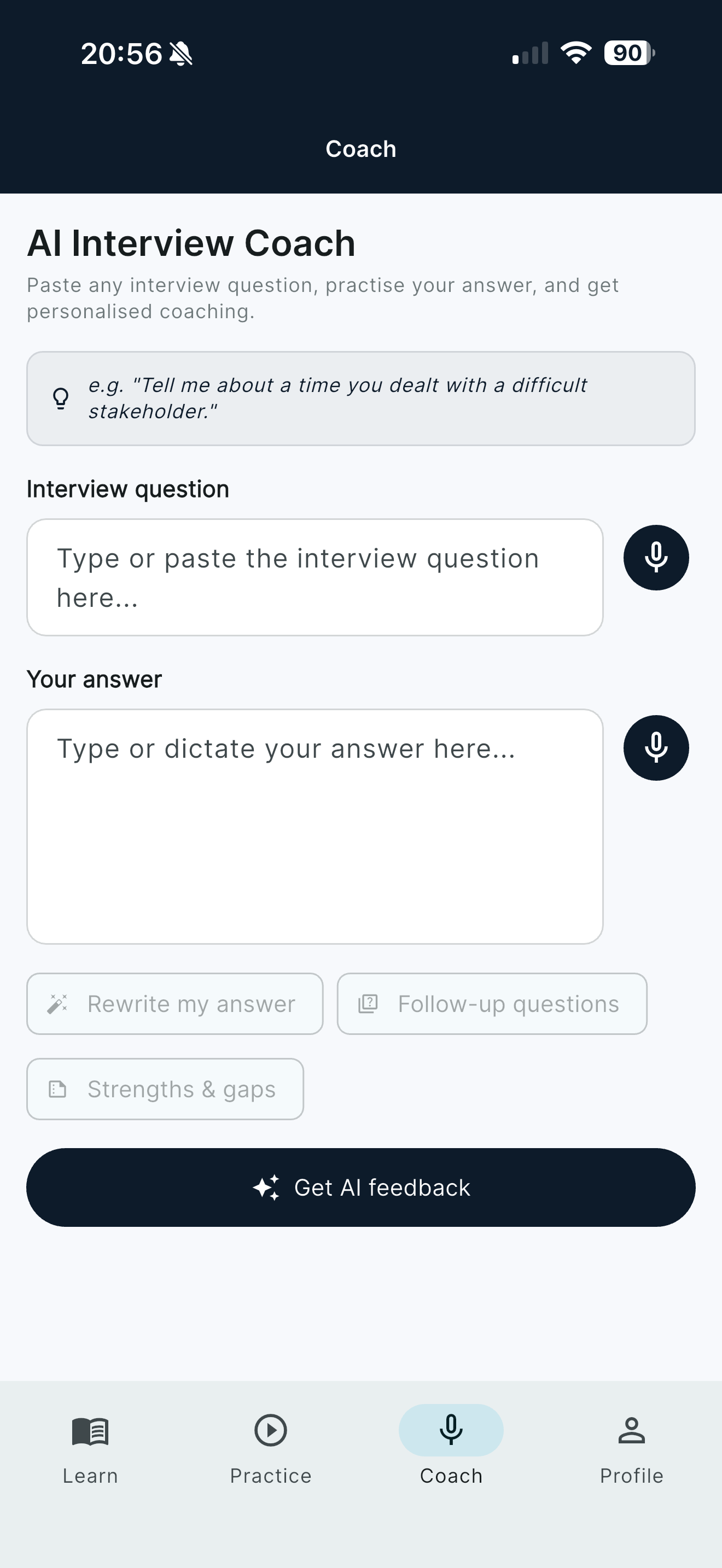 AI Interview Coach screen with question and answer fields