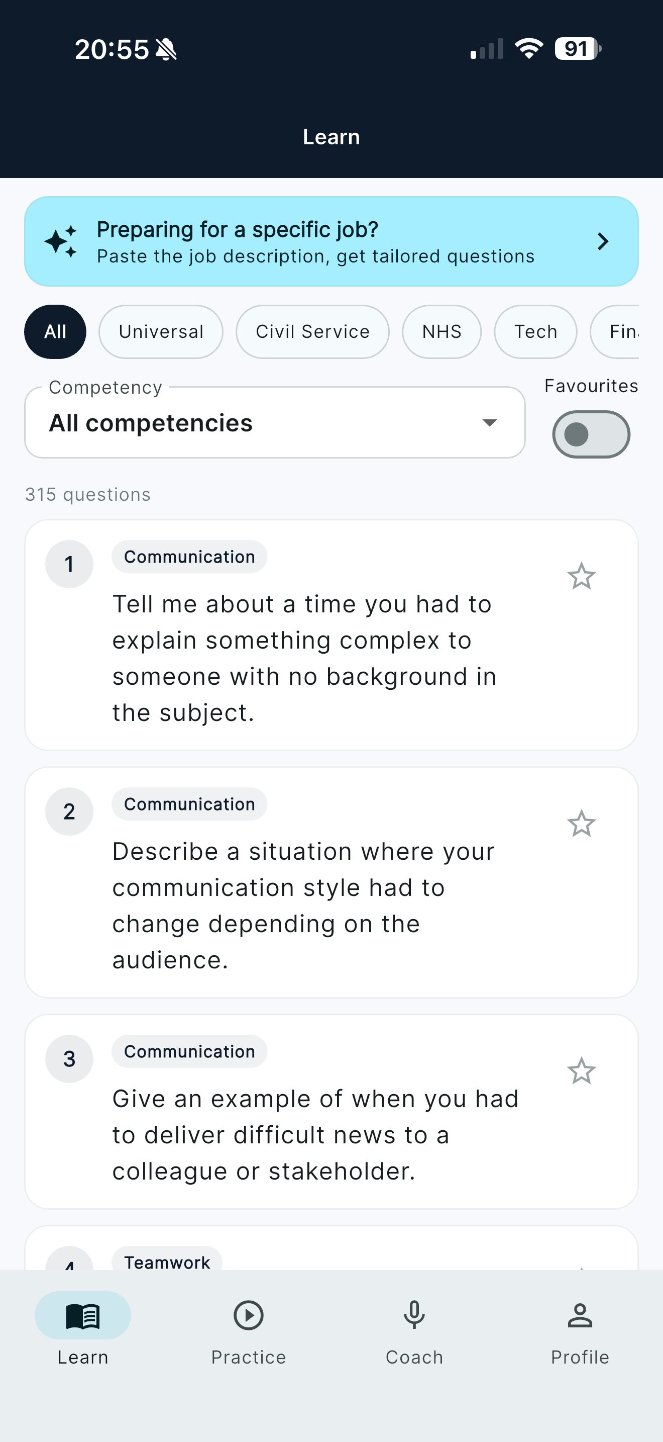 Interview Coach UK Learn screen showing UK competency questions