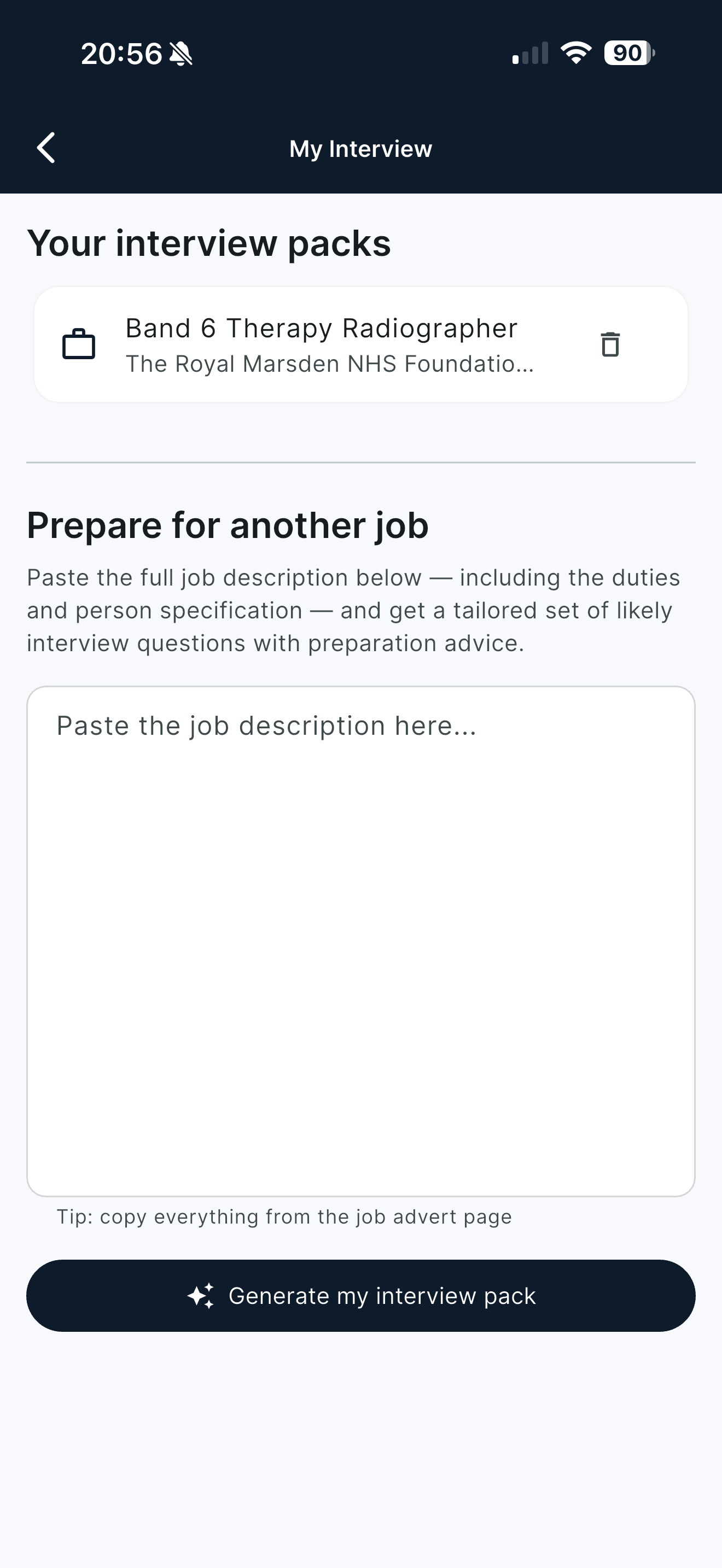 Job-specific interview pack screen