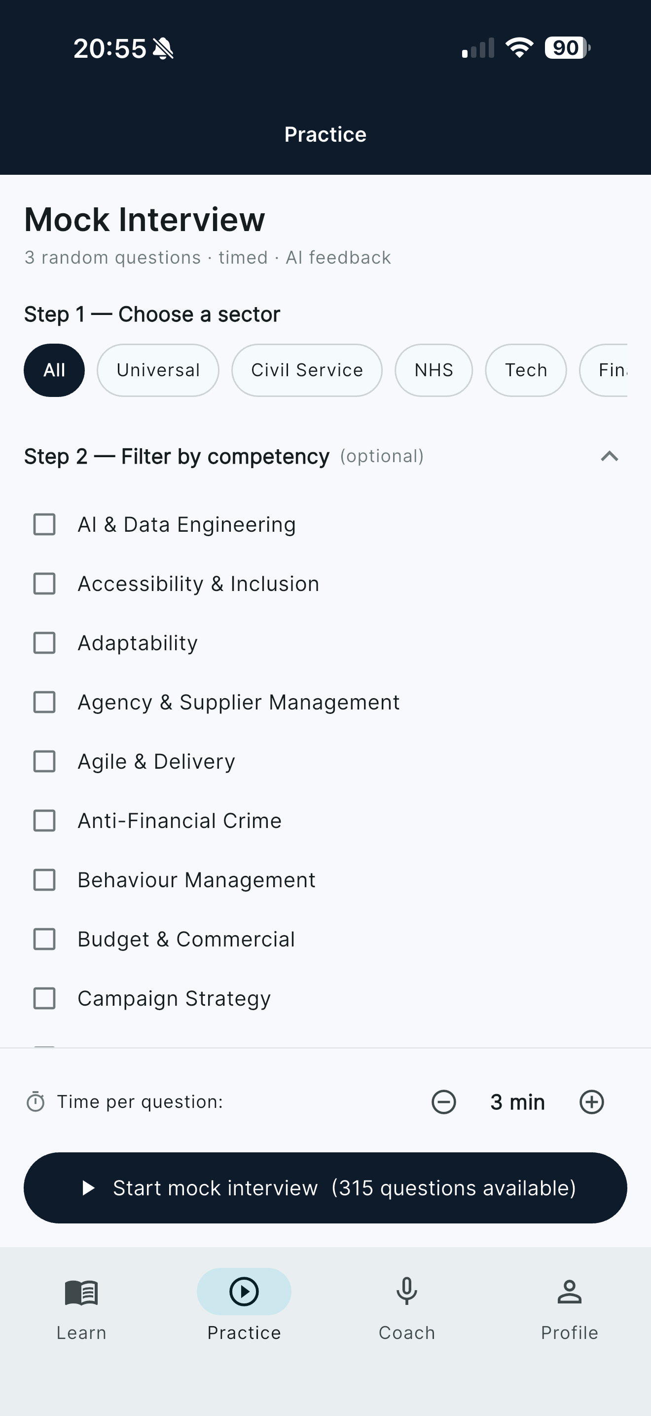 Mock interview setup screen with sector and competency filters